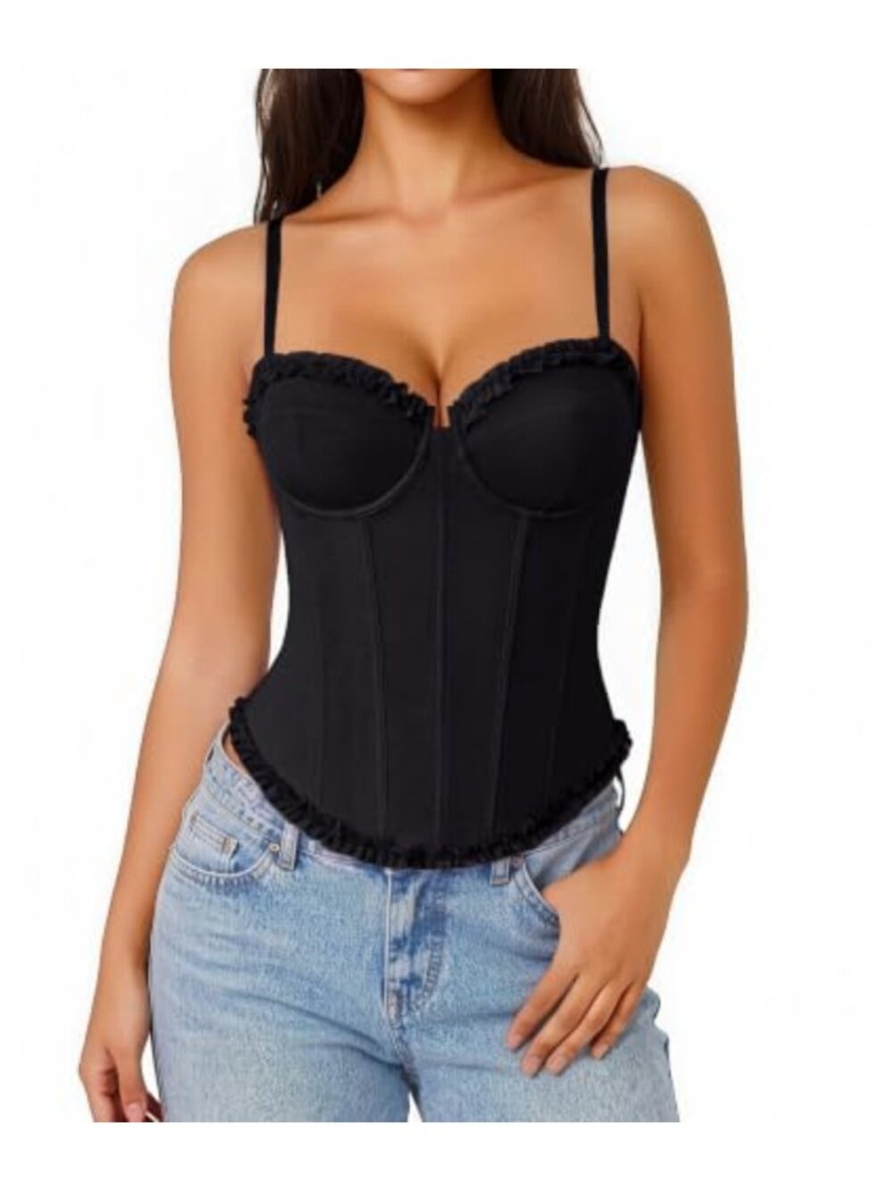 Women's V-Neck Mesh Corset Top with Underwire & Ruffles, Adjustable Straps